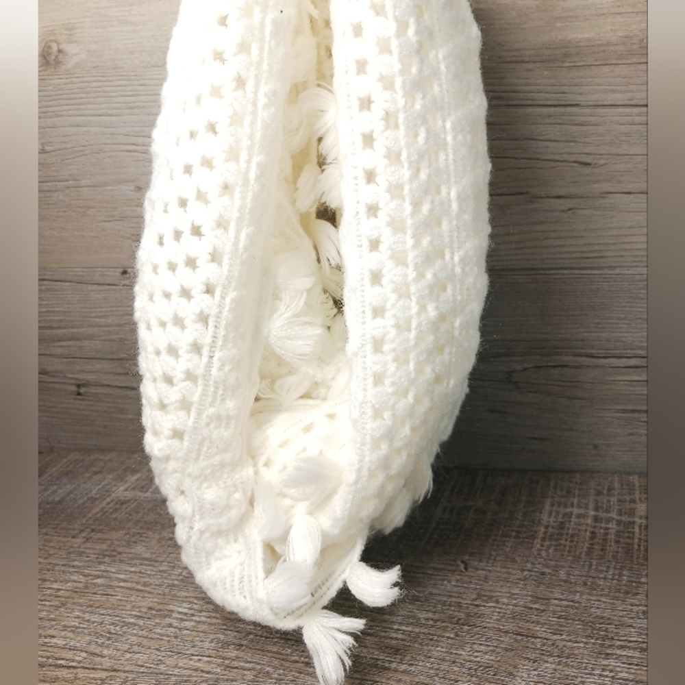 Infinity Scarf OSFM Cream Crochet Fringe Wrap Winter Accessory
